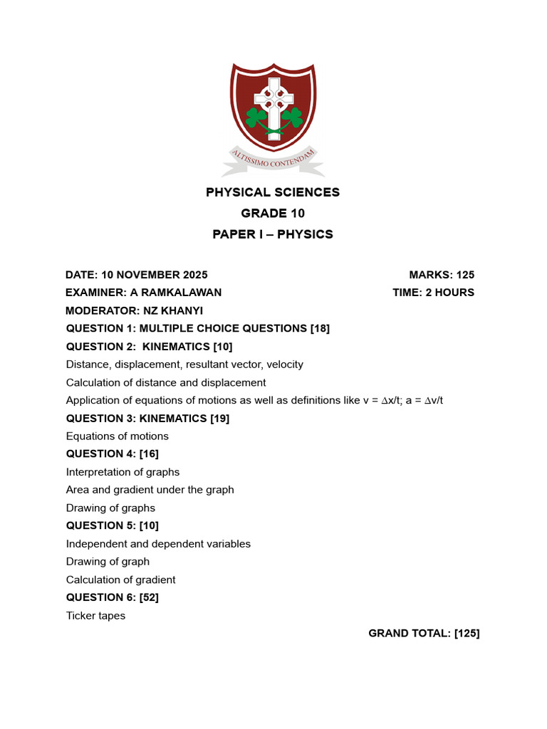 Grade 10 Physics Exam Paper 2025 | PDF