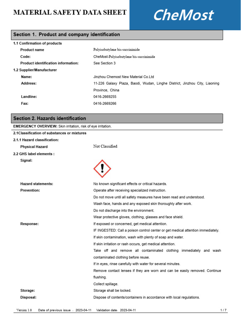 Polyisobutylene Bis-Succinimide MSDS | PDF | Firefighting | Personal ...
