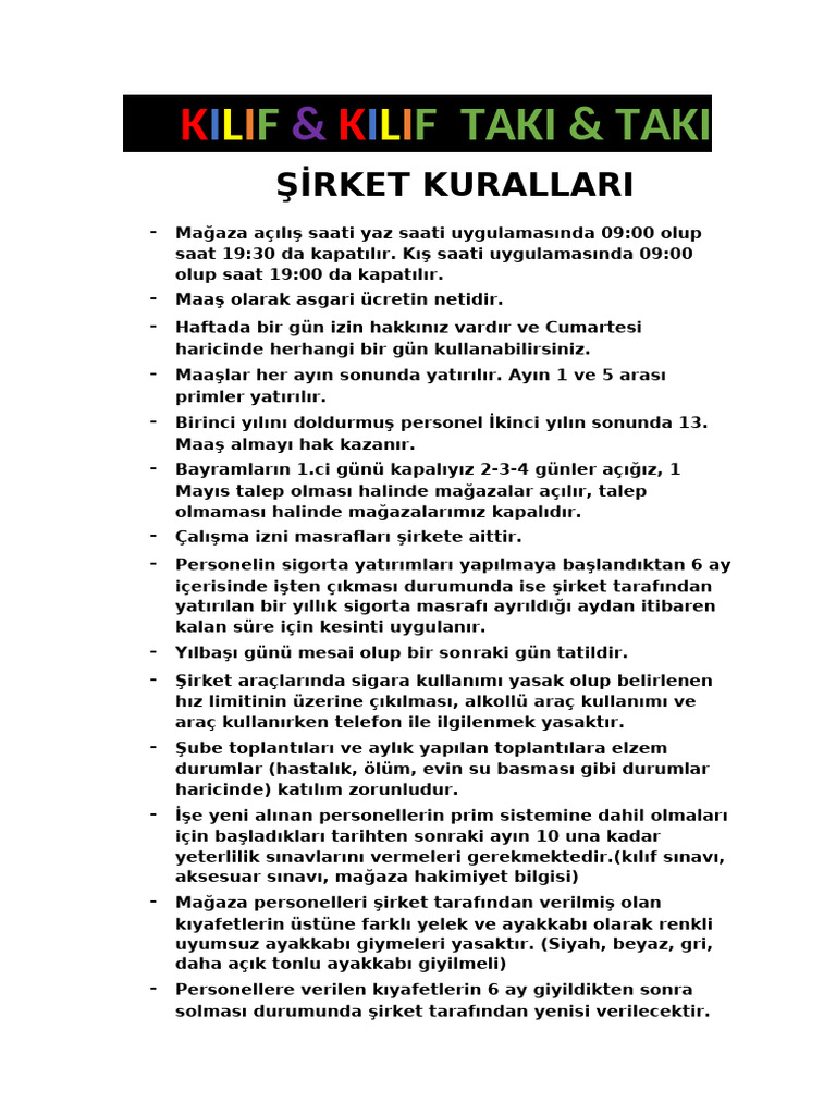 Kilif & Kilif Mağaza Kurallari | PDF