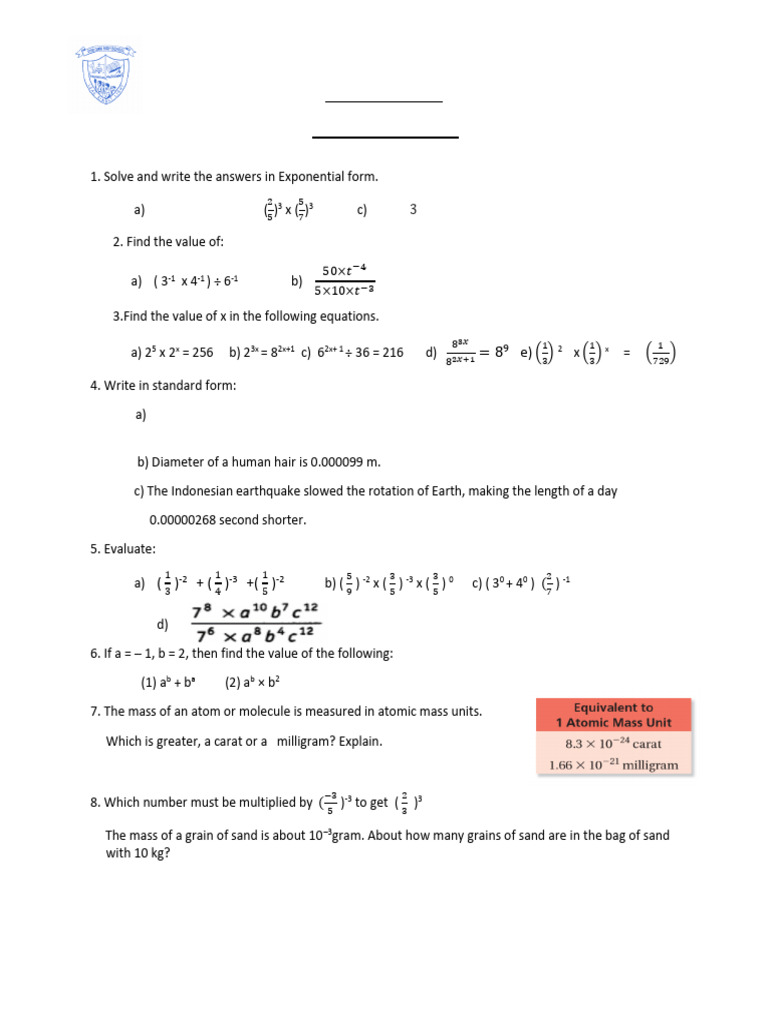 Powers and Exponents - Worksheet - Grade 8 | PDF