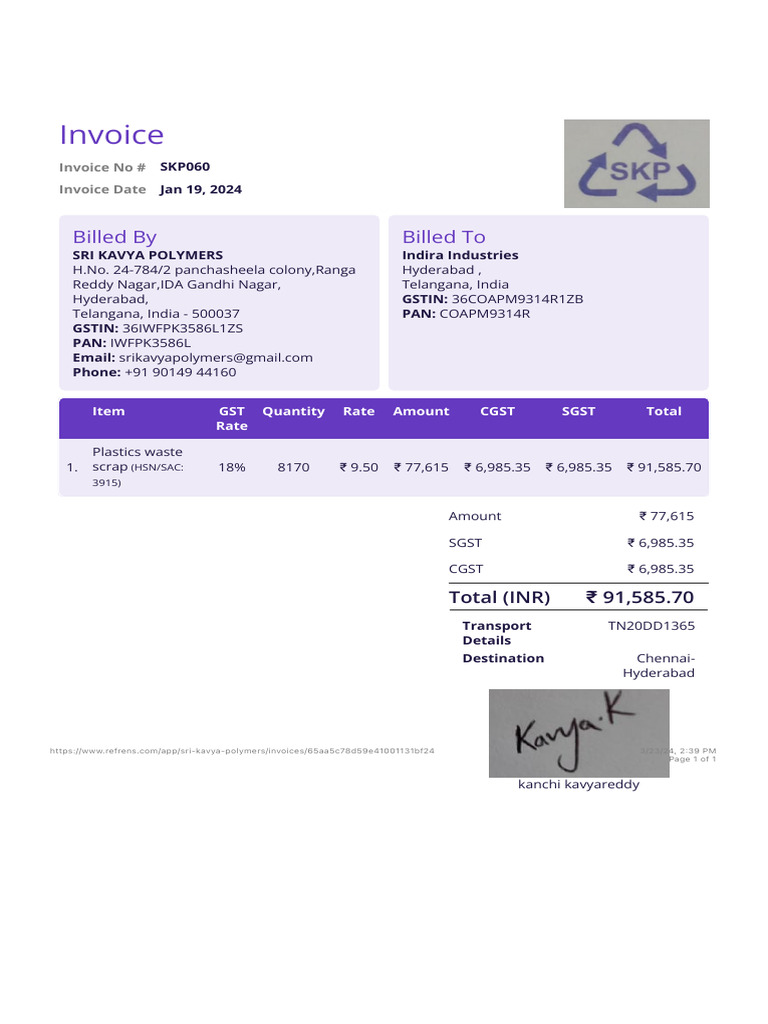 Invoice for Plastics Waste Scrap | PDF | Taxes | Government Finances