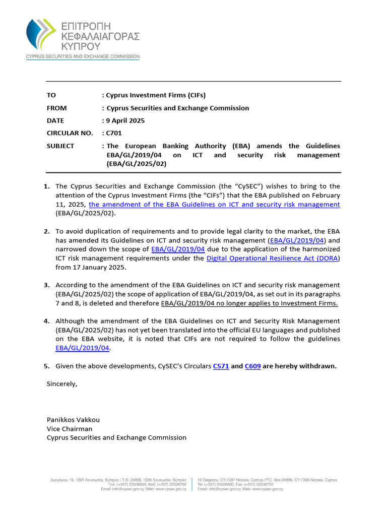 C701 To CIFs Amendment of The EBA Guidelines On ICT and Security Risk ...