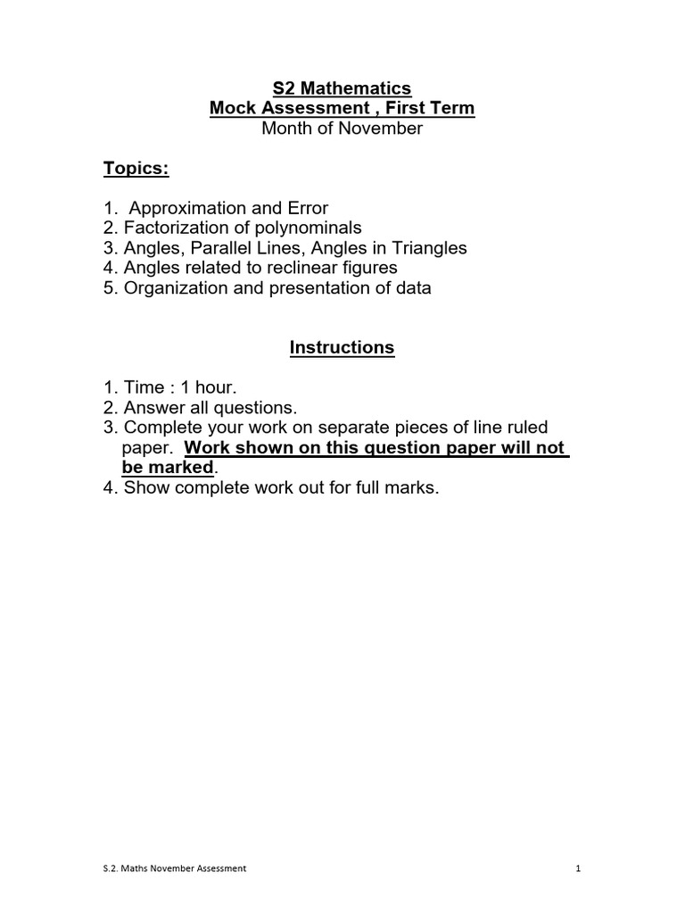 S2 Mathematics - November Assessment - Open Ended Questions | PDF