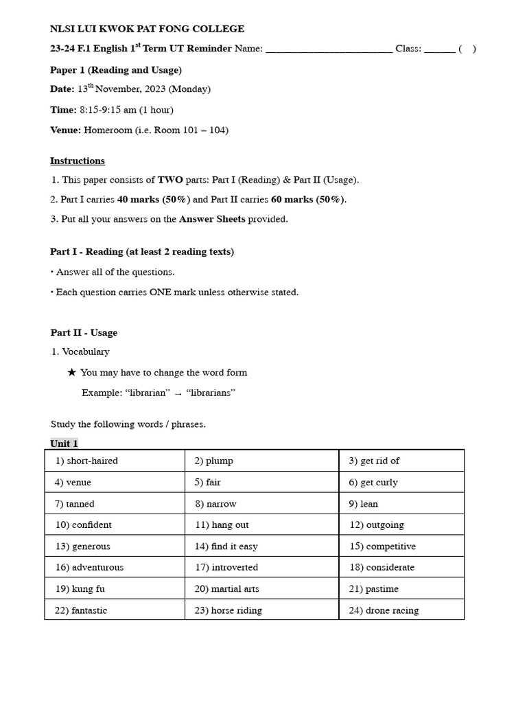 23-24 S1 English First UT Reminder | PDF