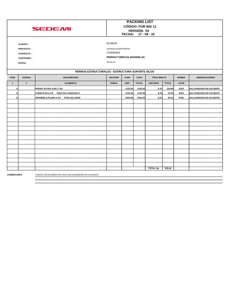 Packing List 1 - Pernos - Silos | PDF