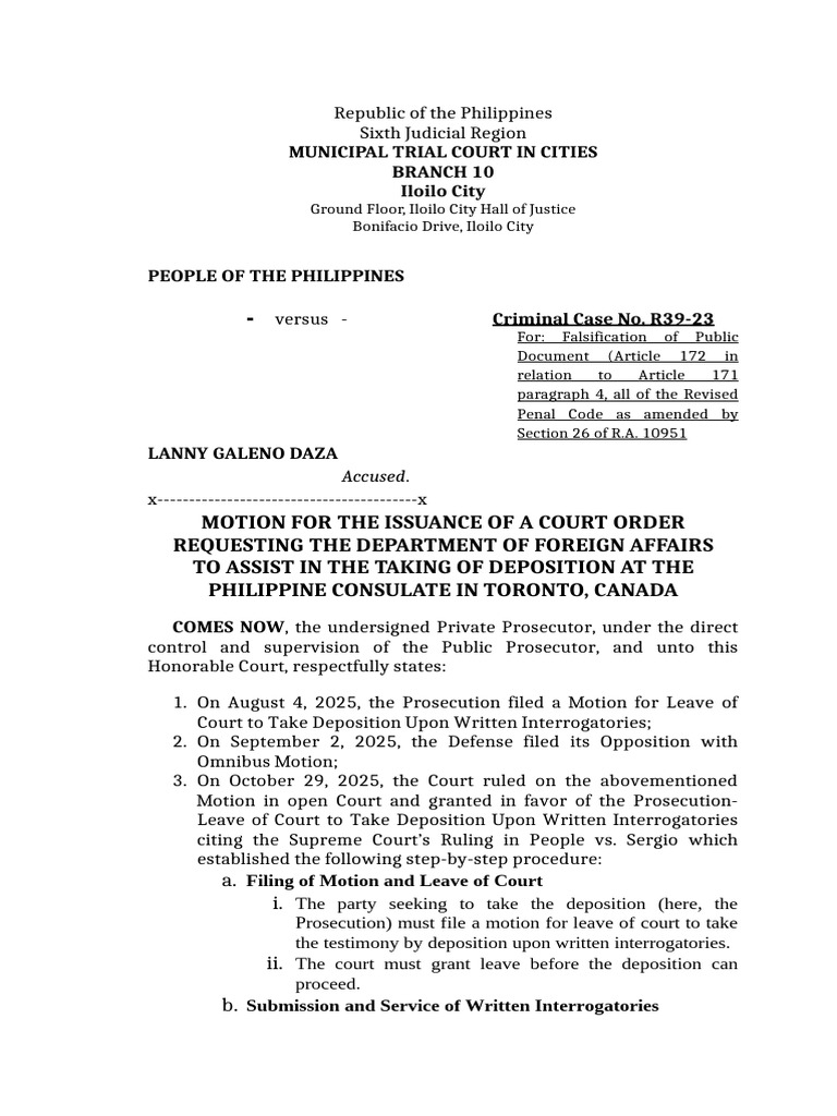 Court Motion for Deposition in Canada | PDF | Deposition (Law ...