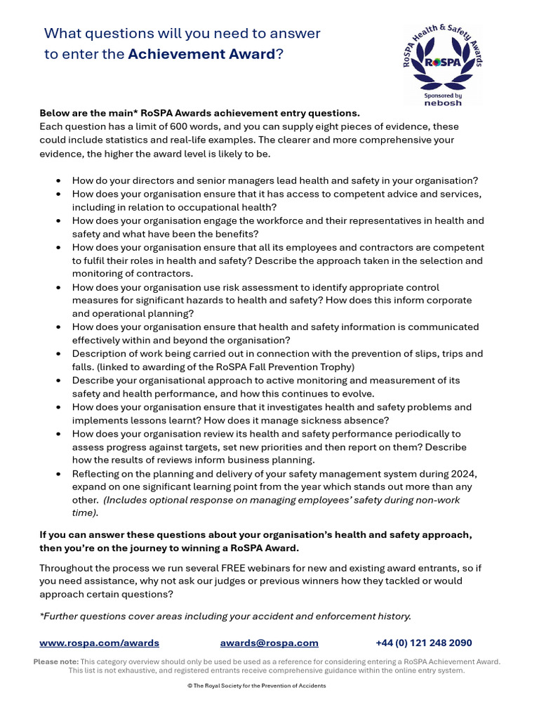 RoSPA Achievement Award Entry Guide | PDF | Occupational Safety And ...