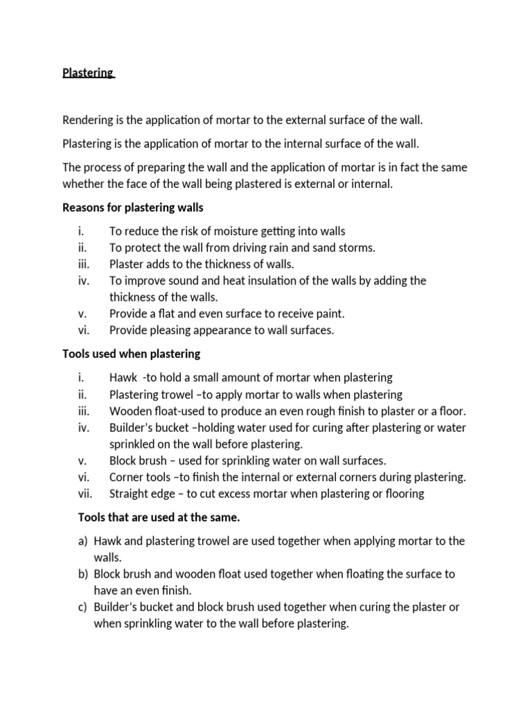 Plastering Notes Form 2 | PDF | Plaster | Mortar (Masonry)