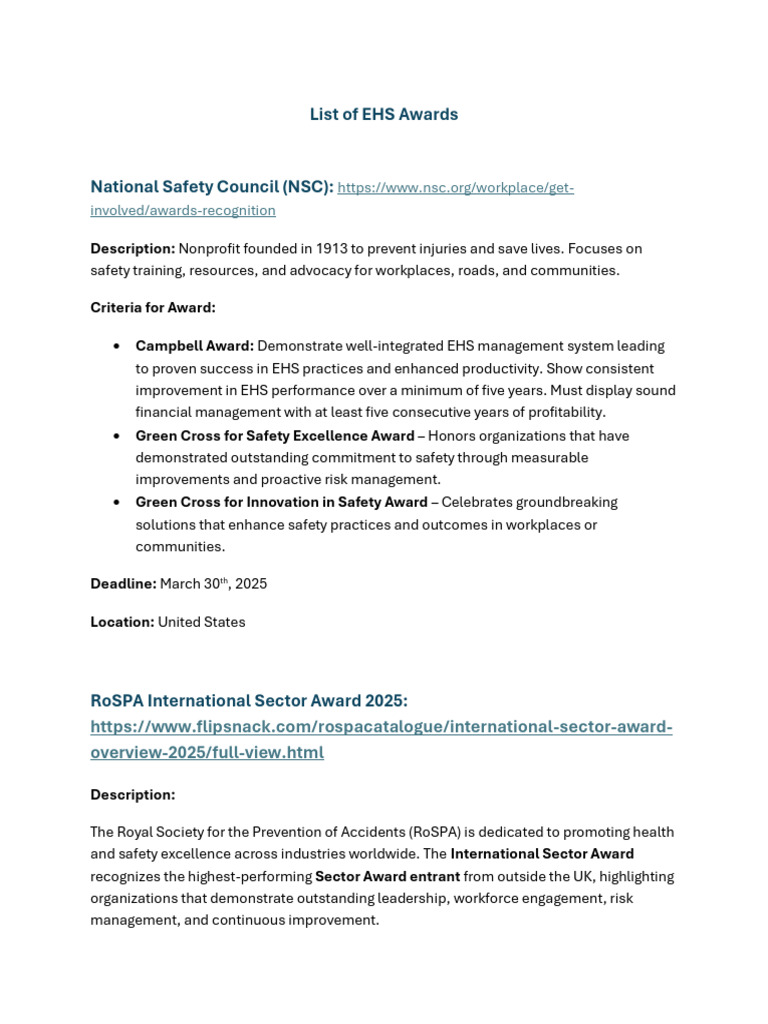 EHS Awards Overview and Criteria 2025 | PDF | Occupational Safety And ...