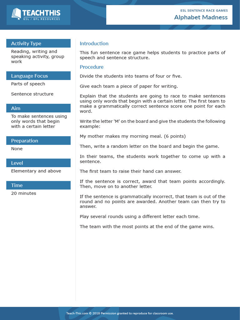 ESL Sentence Race Game Activity | PDF
