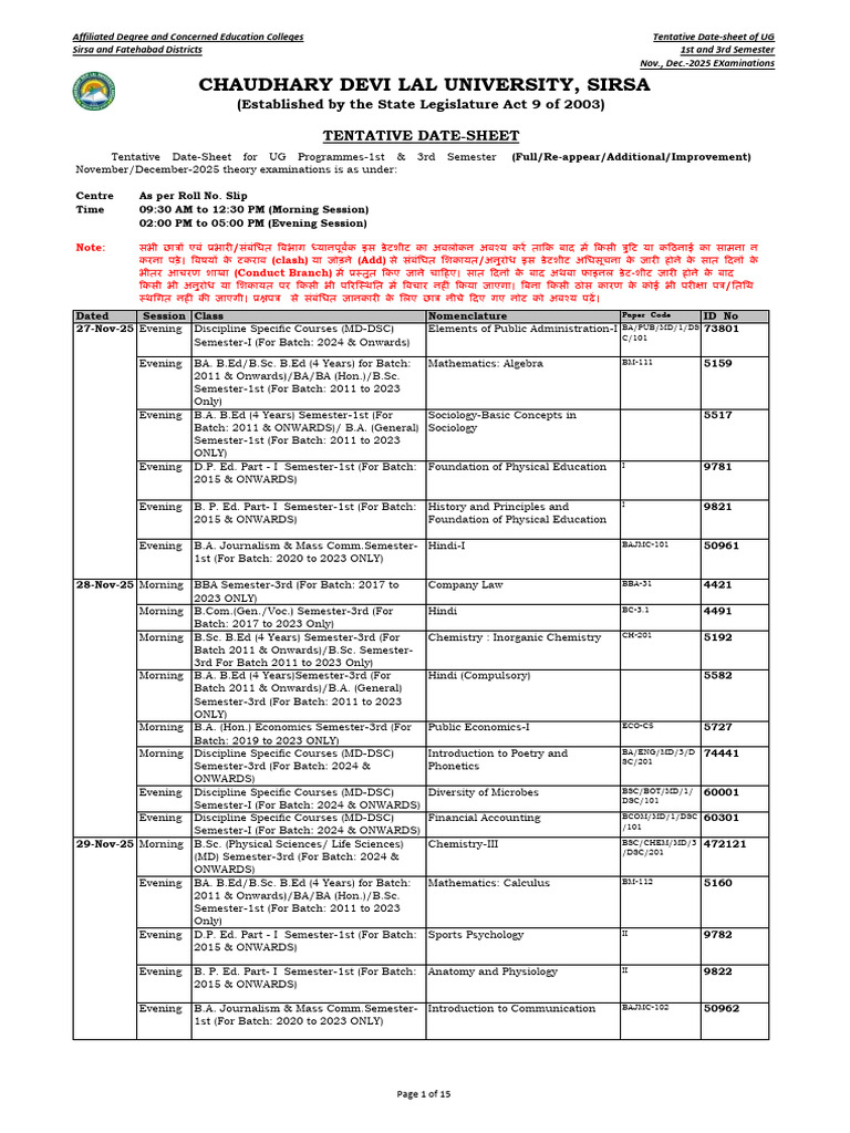 CDLU UG Date Sheet Nov-Dec 2025 | PDF | Bachelor Of Science | Bachelor ...