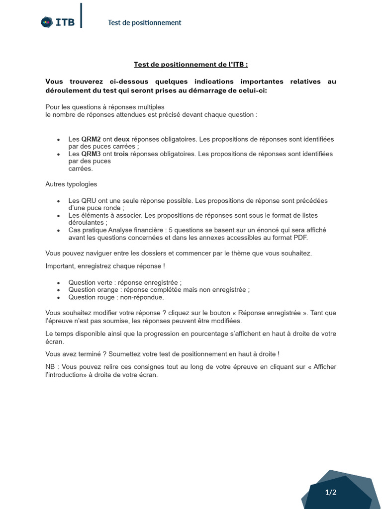 Guide du Test de Positionnement ITB | PDF