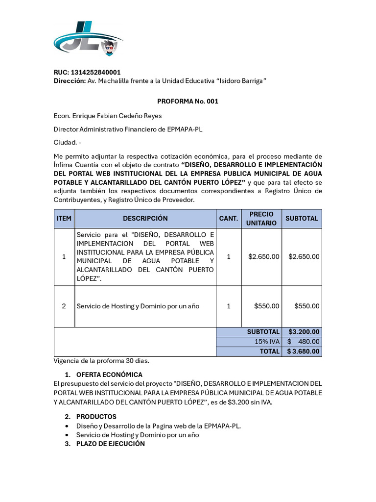 Proforma Diseño Web EPMAPA-PL Puerto López | PDF | Economias