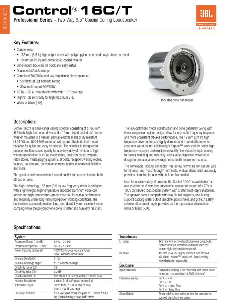 JBL Control 16C/T Ceiling Speaker Specs | PDF | Loudspeaker ...
