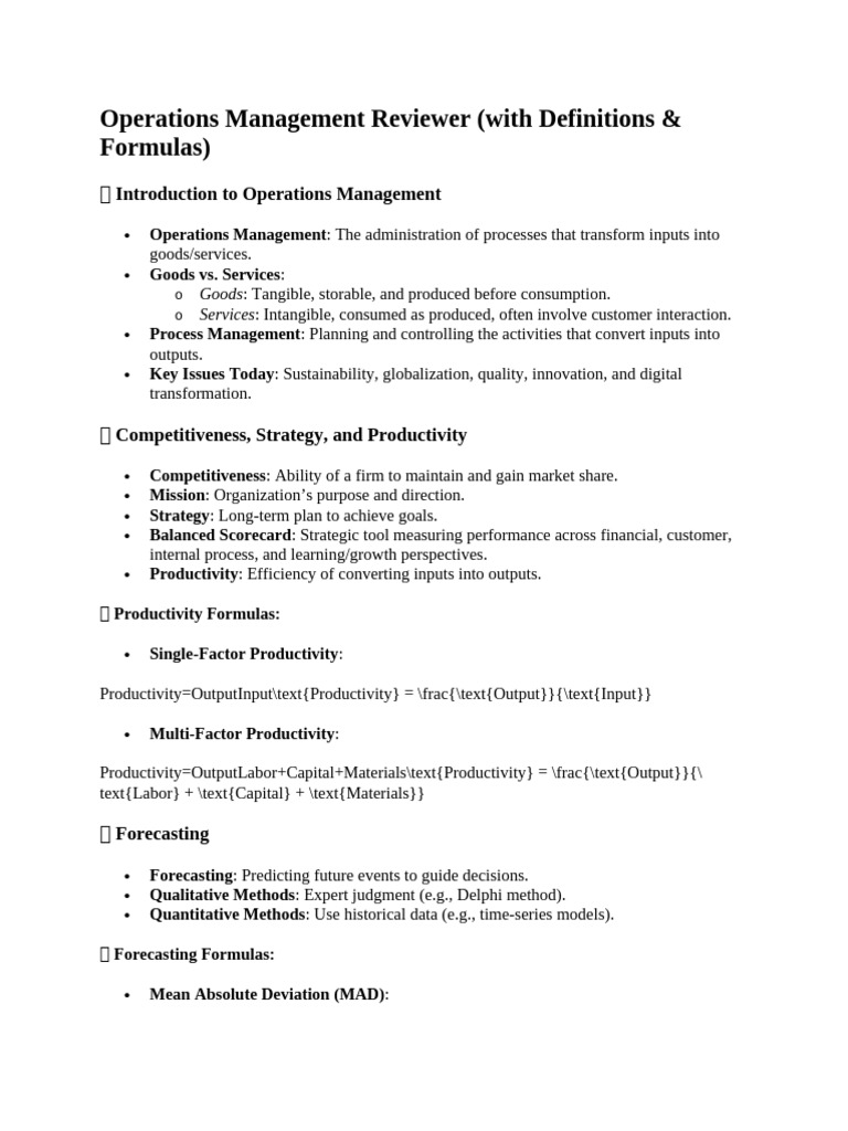 Operations Management Overview & Formulas | PDF | Forecasting | Mean ...