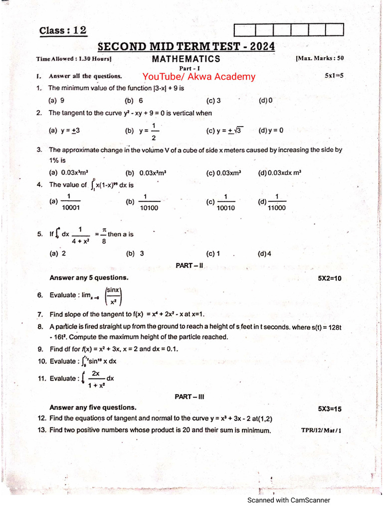 12th Maths 2nd Mid Term Exam 2024 Original Question Paper Tirupattur ...