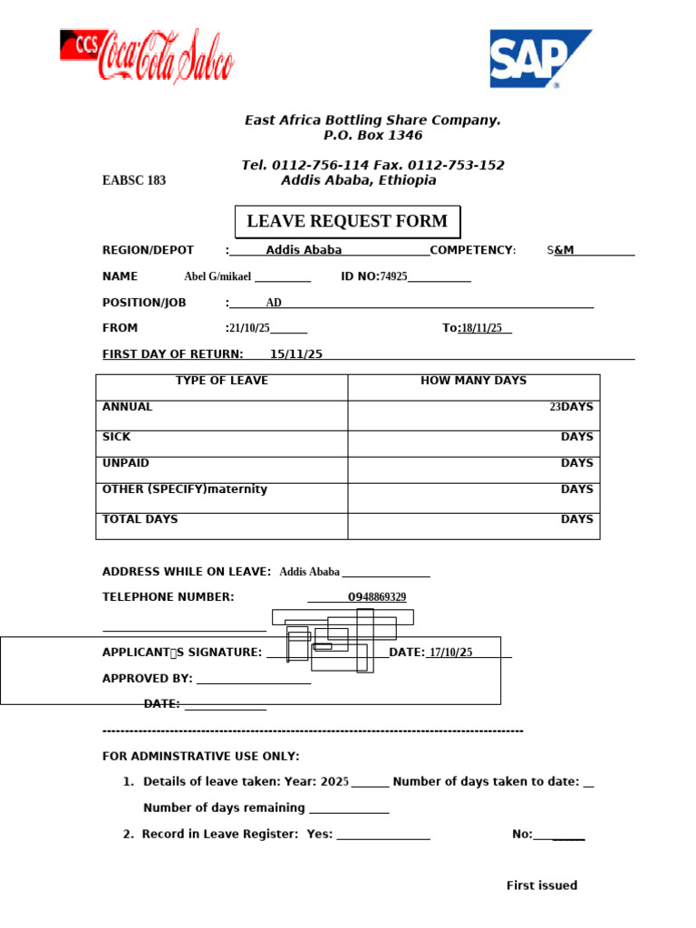 East Africa Bottling Leave Request Form | PDF