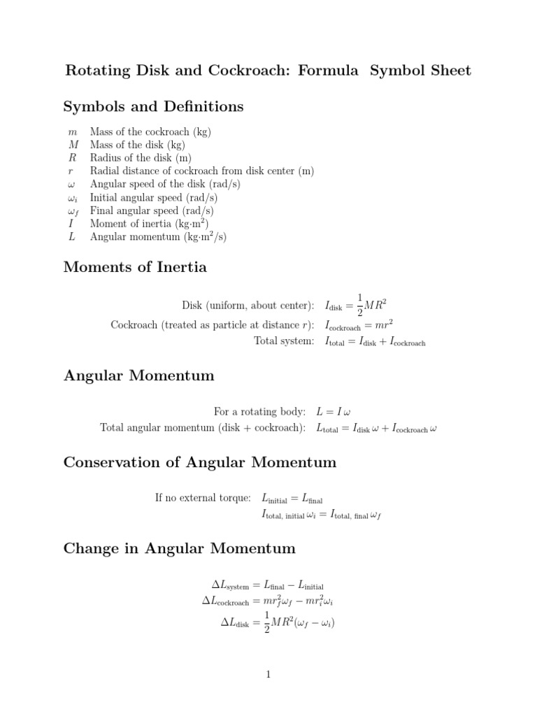 Angular Momentum: Disk & Cockroach Formulas | PDF