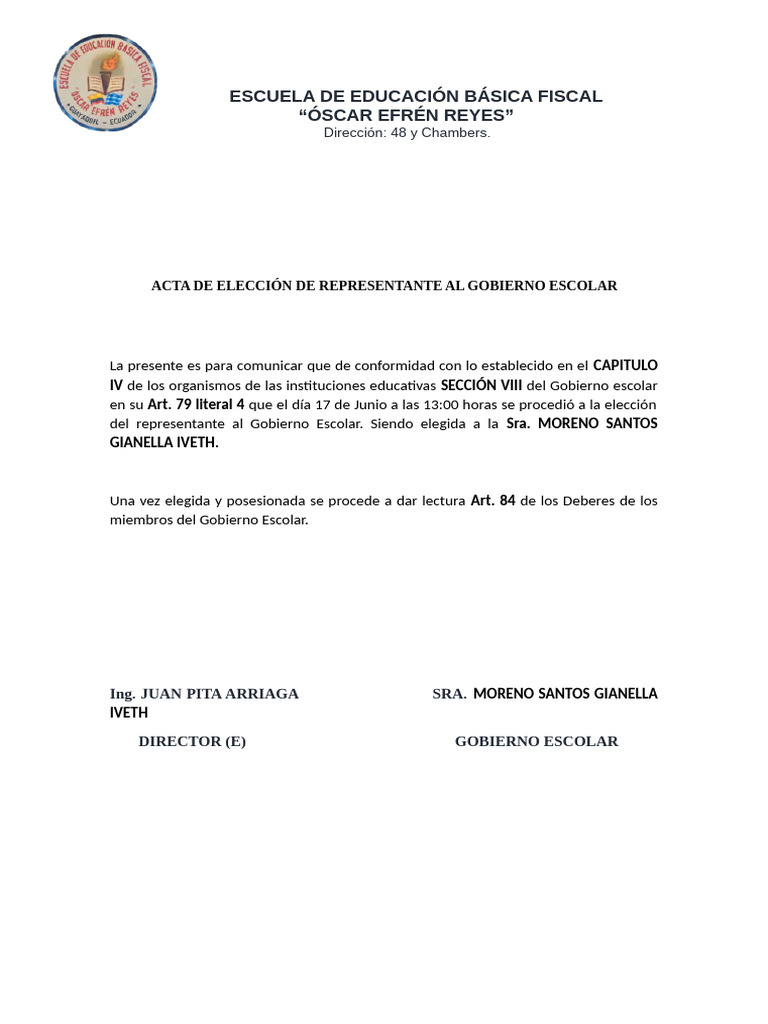 Acta de Elección Gobierno Escolar 2023 | PDF