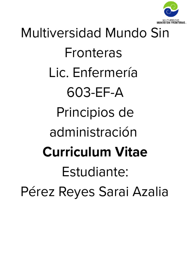 Currículum Pérez Reyes Sarai Azalia | PDF | Enfermería | Cuidado de la ...