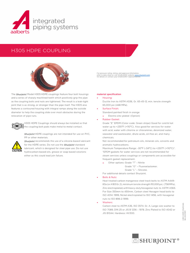 H305 HDPE Coupling Specifications Guide | PDF | Screw | Pipe (Fluid ...