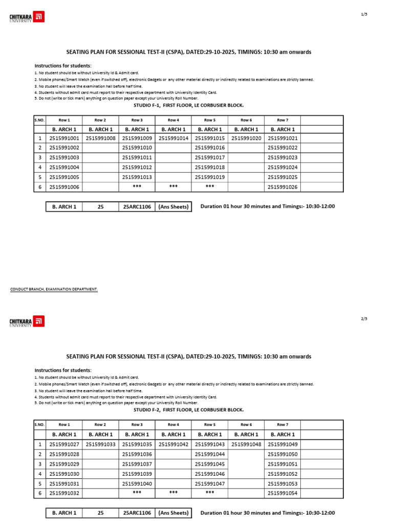 Sessional Test-II Seating Plan 2025 | PDF