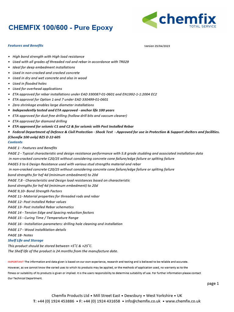 Chemfix 100 (1:1 Ratio) And/or Chemfix 600 (3:1 Ratio) Is A 2 Component ...