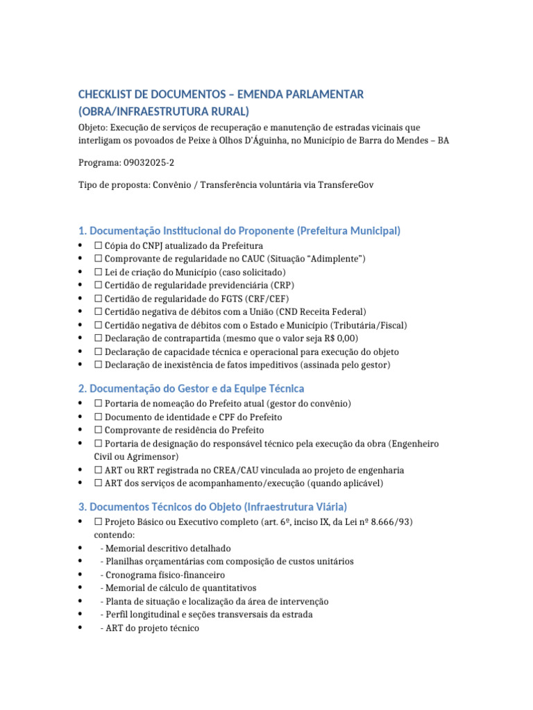 Checklist Emenda Parlamentar Estradas Vicinais Barra Do Mendes | PDF ...