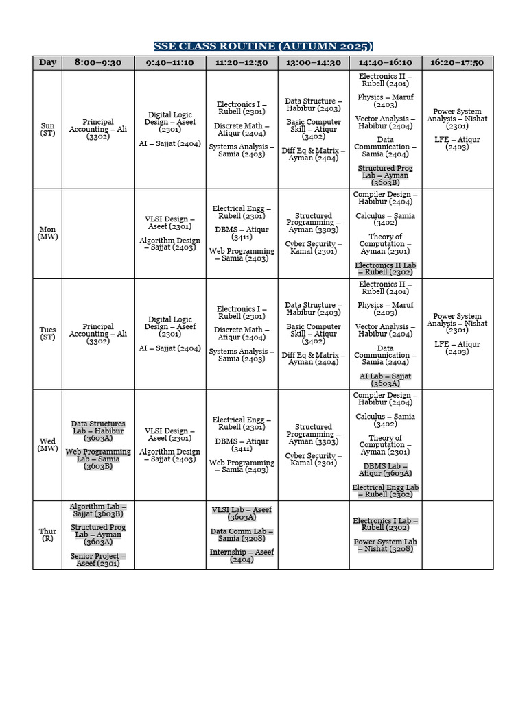 SSE Class Schedule Autumn 2025 | PDF
