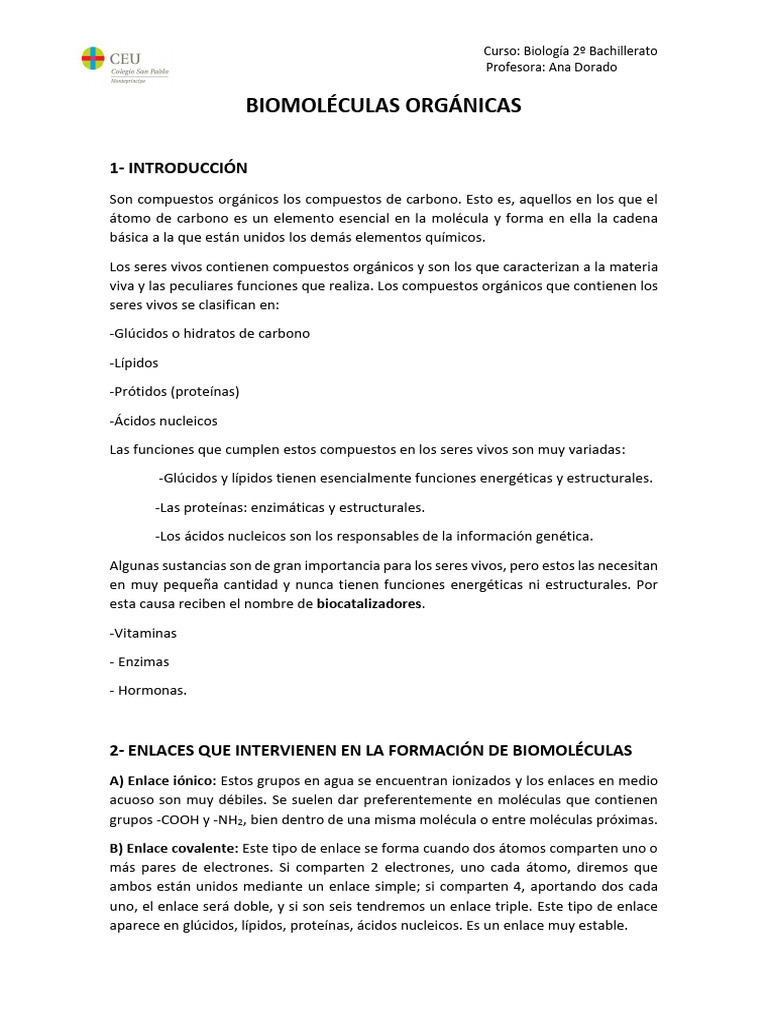 Biomoléculas Orgánicas en Biología 2º Bachillerato | PDF ...