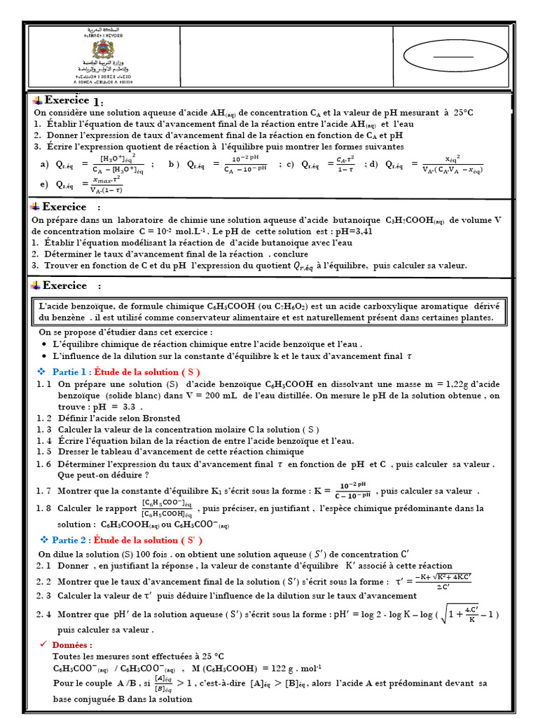Exercices sur l'équilibre chimique et pH | PDF | Ph | Équilibre chimique