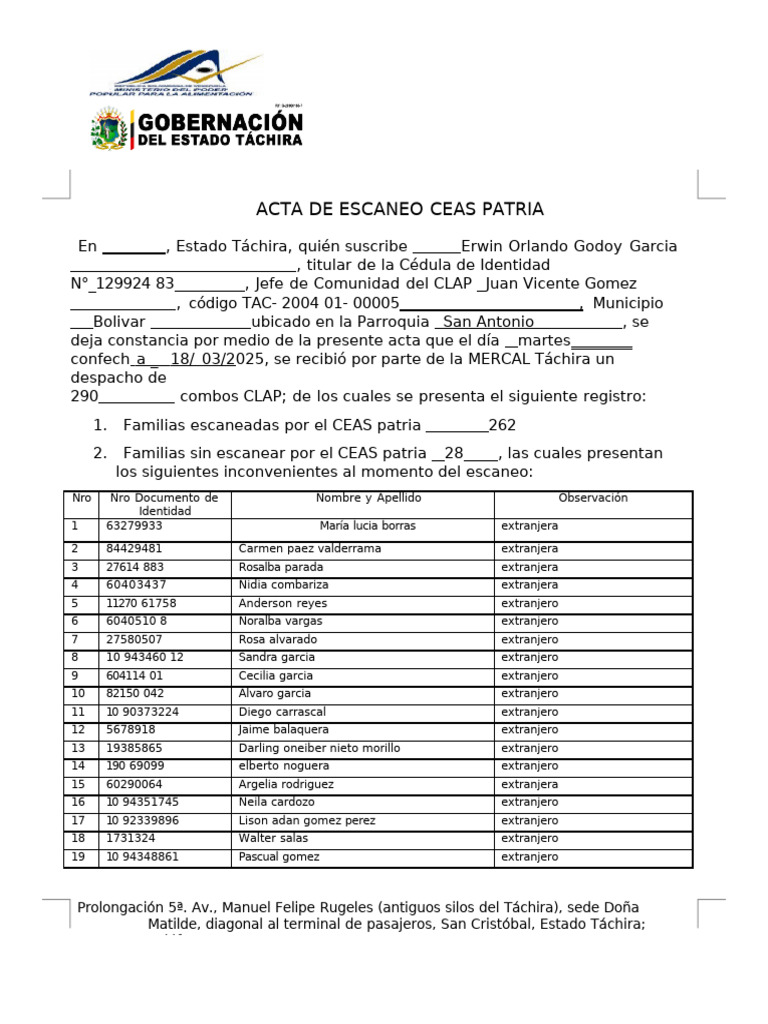 Acta de Escaneo CLAP Táchira 2025 | PDF