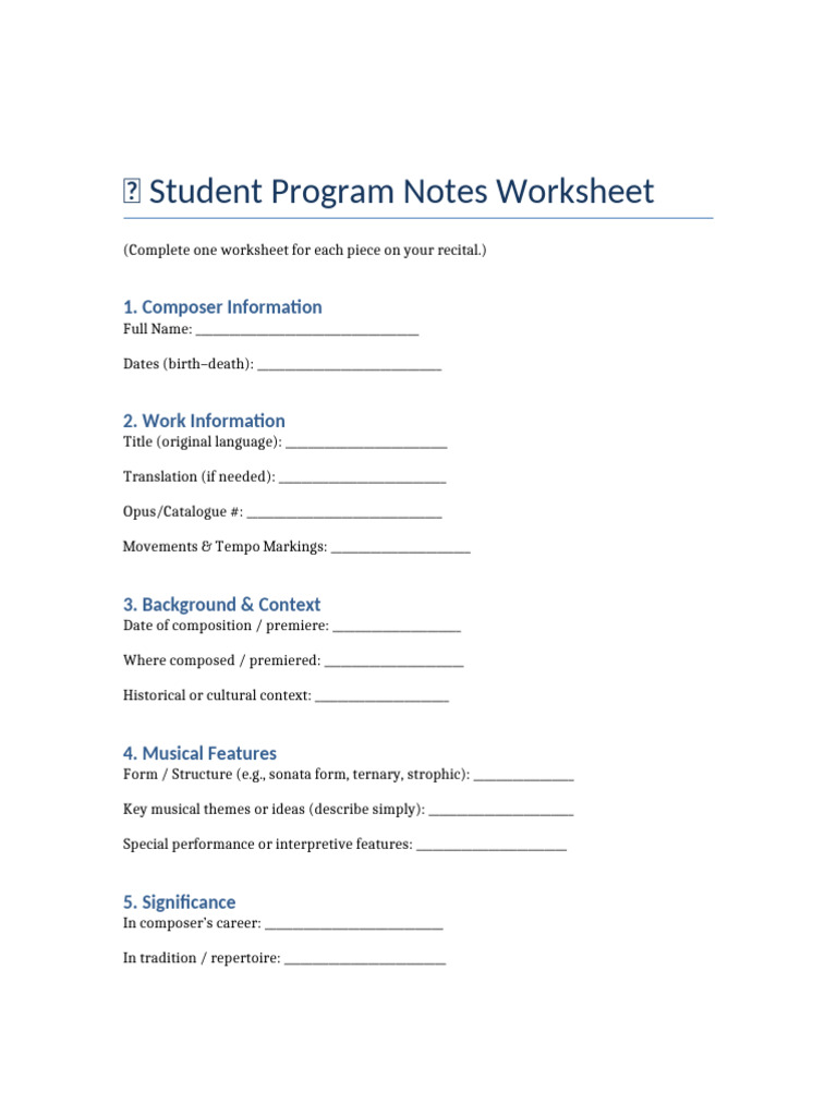 Student Recital Program Notes Template | PDF