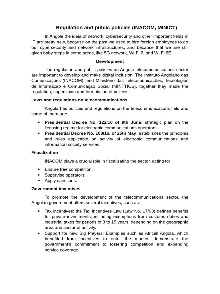 Angola Telecommunications Regulations Overview | PDF | Angola | Policy