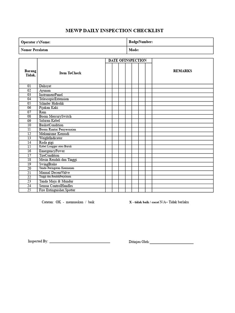Checklist Harian Inspeksi MEWP | PDF
