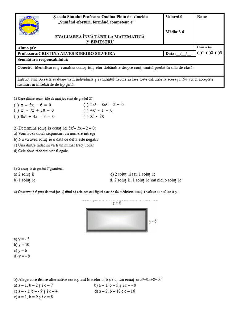 Evaluare (Ecuația de Gradul 2) | PDF