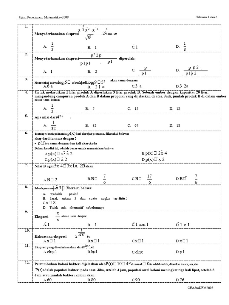 Ujian Penerimaan UEM Matematika 2008 | PDF