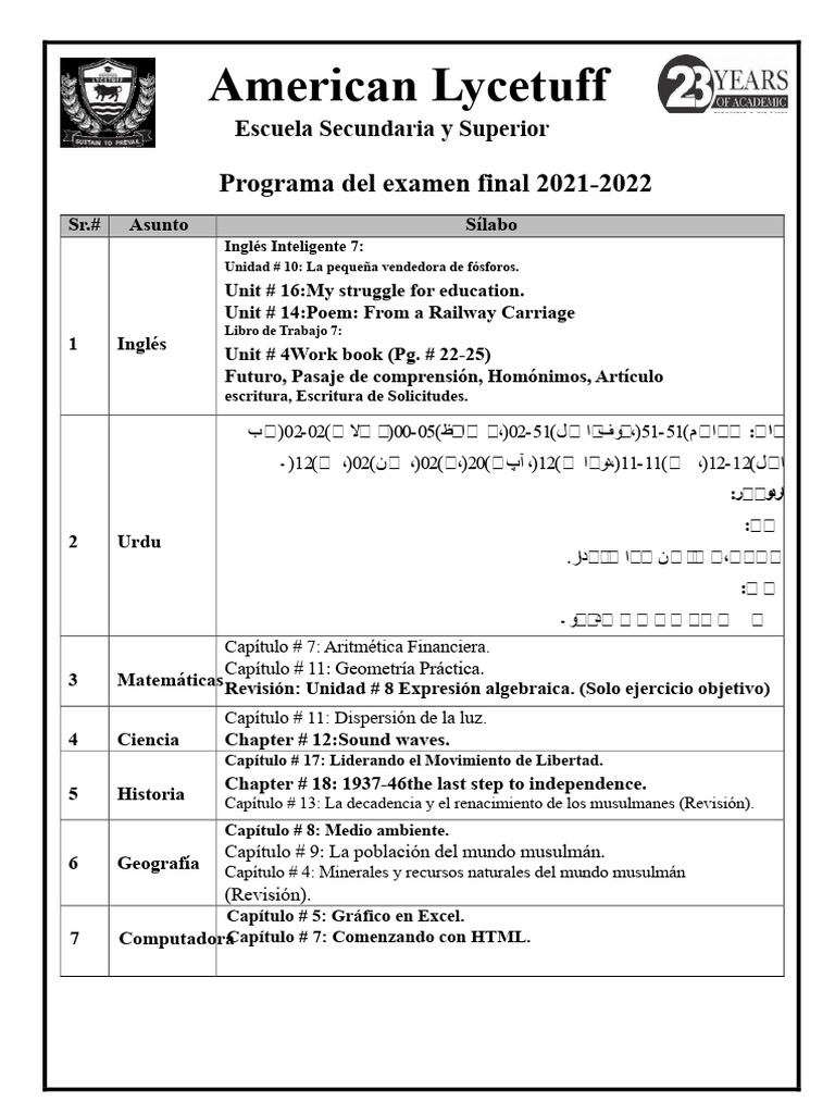 Plan de Estudios Clase 7 Final 2022 | PDF