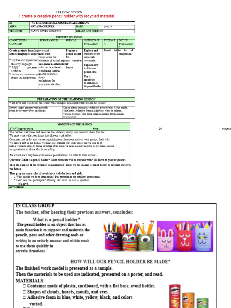 Recycled Pencil Holder Craft Session | PDF | Teachers | Pencil