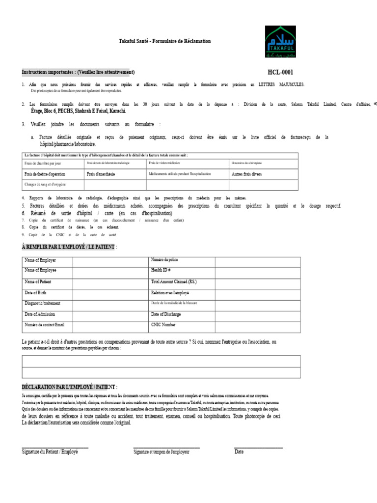 Formulaire de Réclamation Takaful Santé | PDF | Hôpital | Médecine clinique