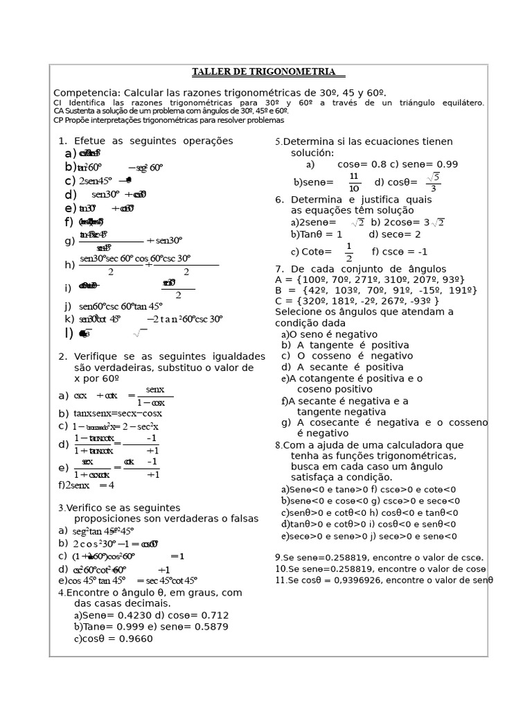 Razões Trigonométricas: 30º, 45º e 60º | PDF | Funções trigonométricas ...