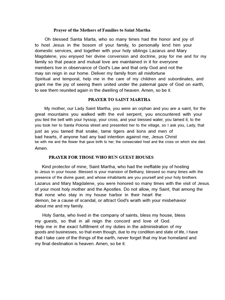 Prayers to Saint Martha for Protection | PDF | Prayer | Mary, Mother Of ...