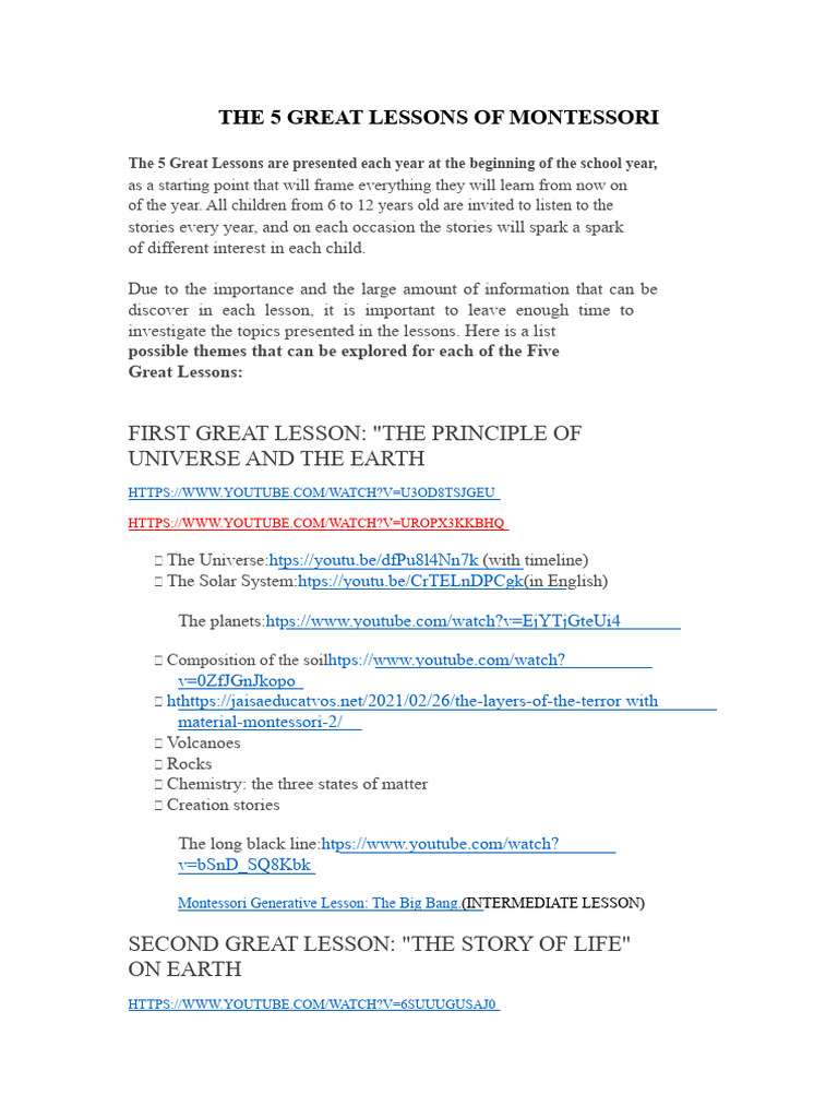 Montessori's 5 Great Lessons Explained | PDF | Writing | Biology