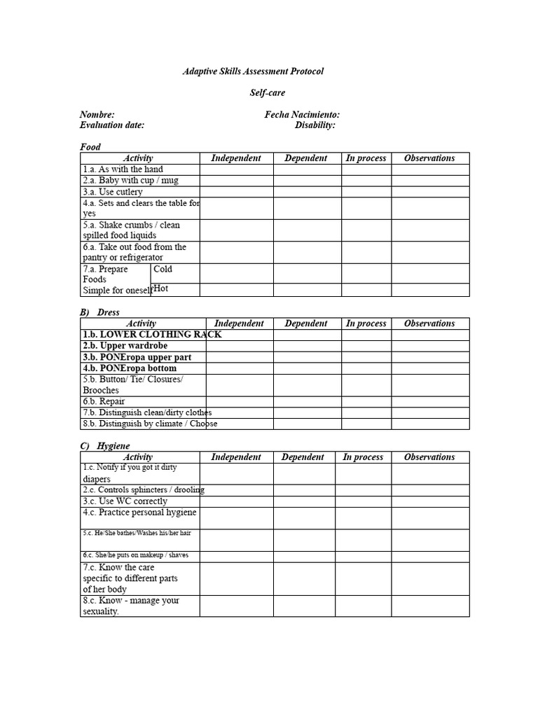 Adaptive Skills Assessment Protocol | PDF | Communication | Hygiene