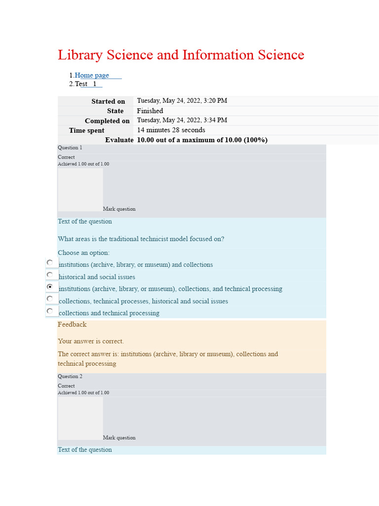 Library Science Quiz Results and Insights | PDF | Humanism | Positivism