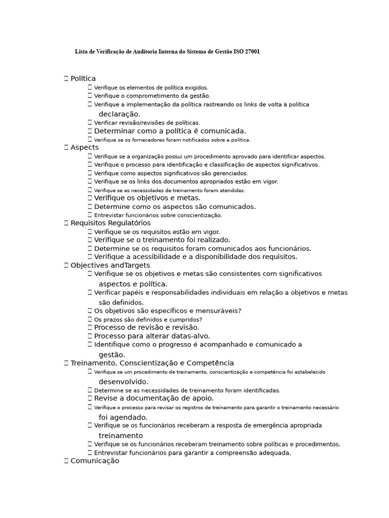 Auditoria Interna ISO 27001: Checklist Completo | PDF | Segurança da ...