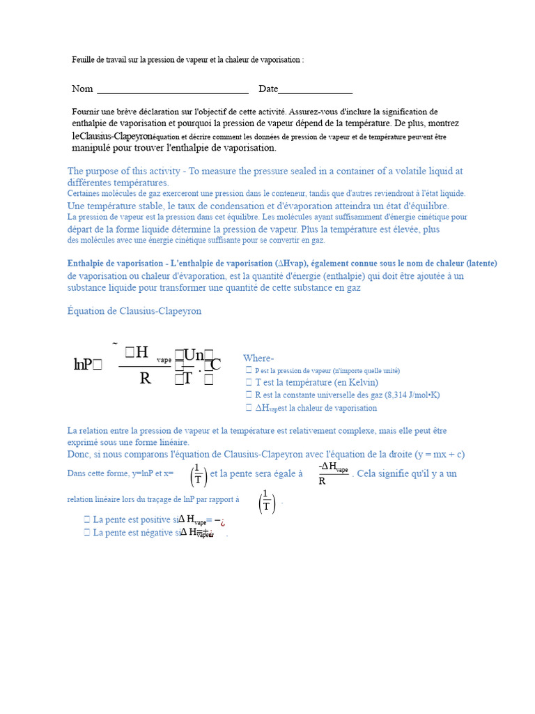 Pression de Vapeur Et Chaleur de Vaporisation (Résolu) | PDF ...