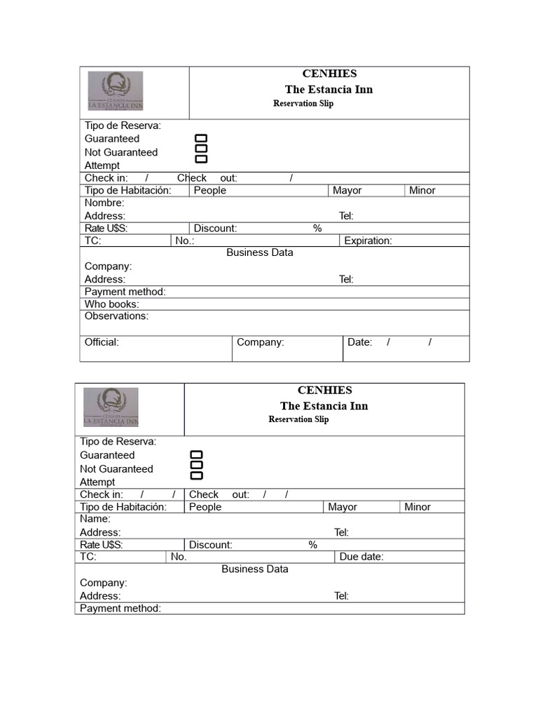 Estancia Inn Reservation Slip Template | PDF