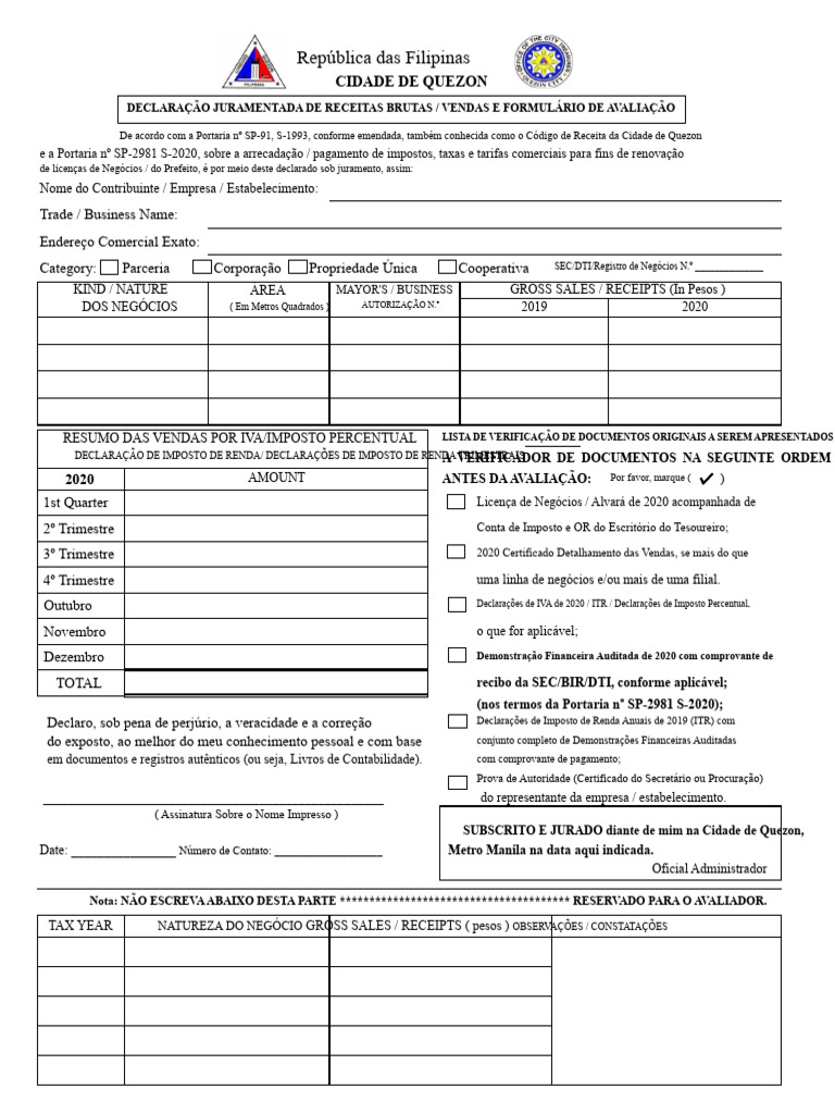 Declaração de Receitas e Impostos Quezon | PDF | Imposto sobre Valor ...