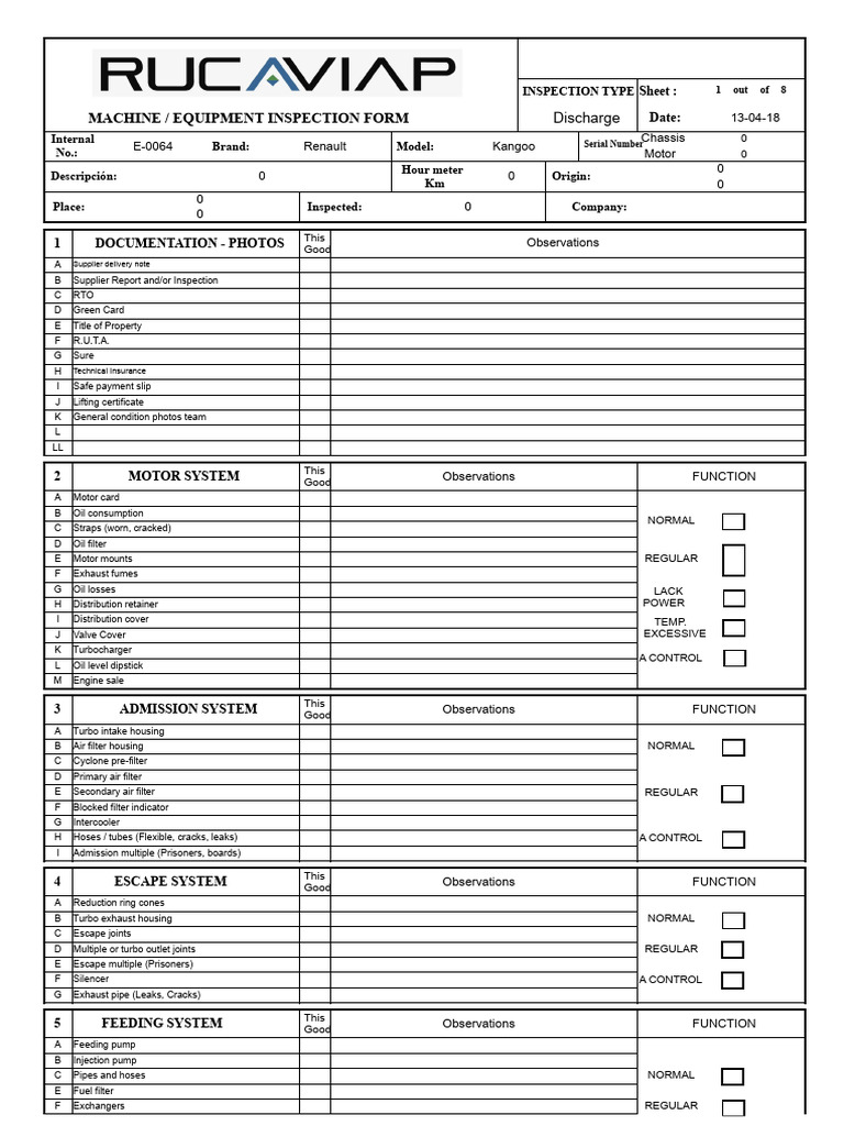 Machine / Equipment Inspection Form: 13-04-18 Chassis Motor E-0064 ...